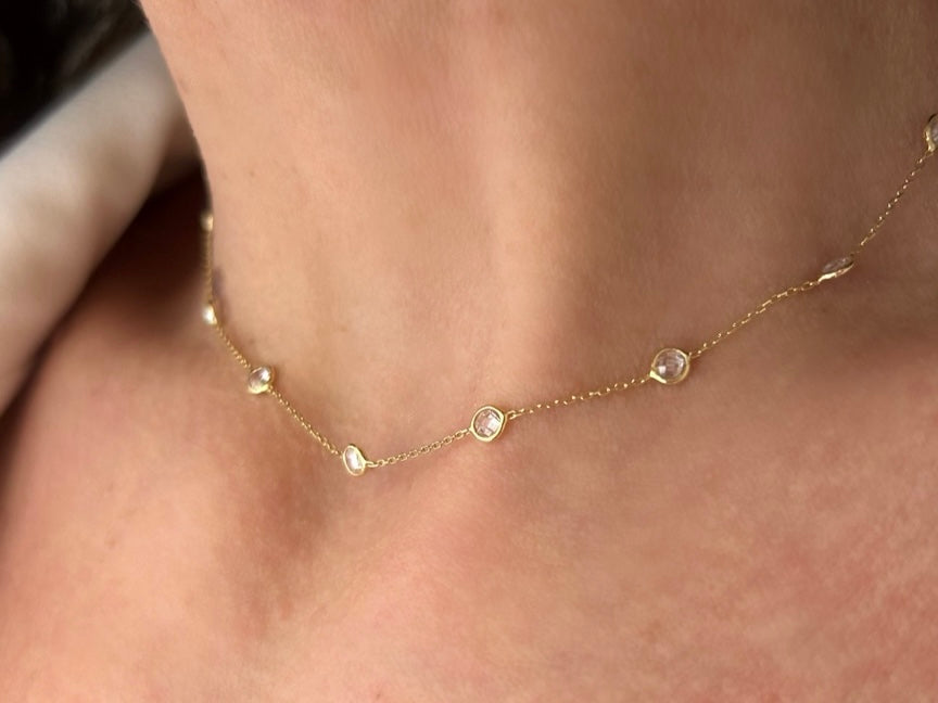 14K Gold Zircon Station Choker Necklace