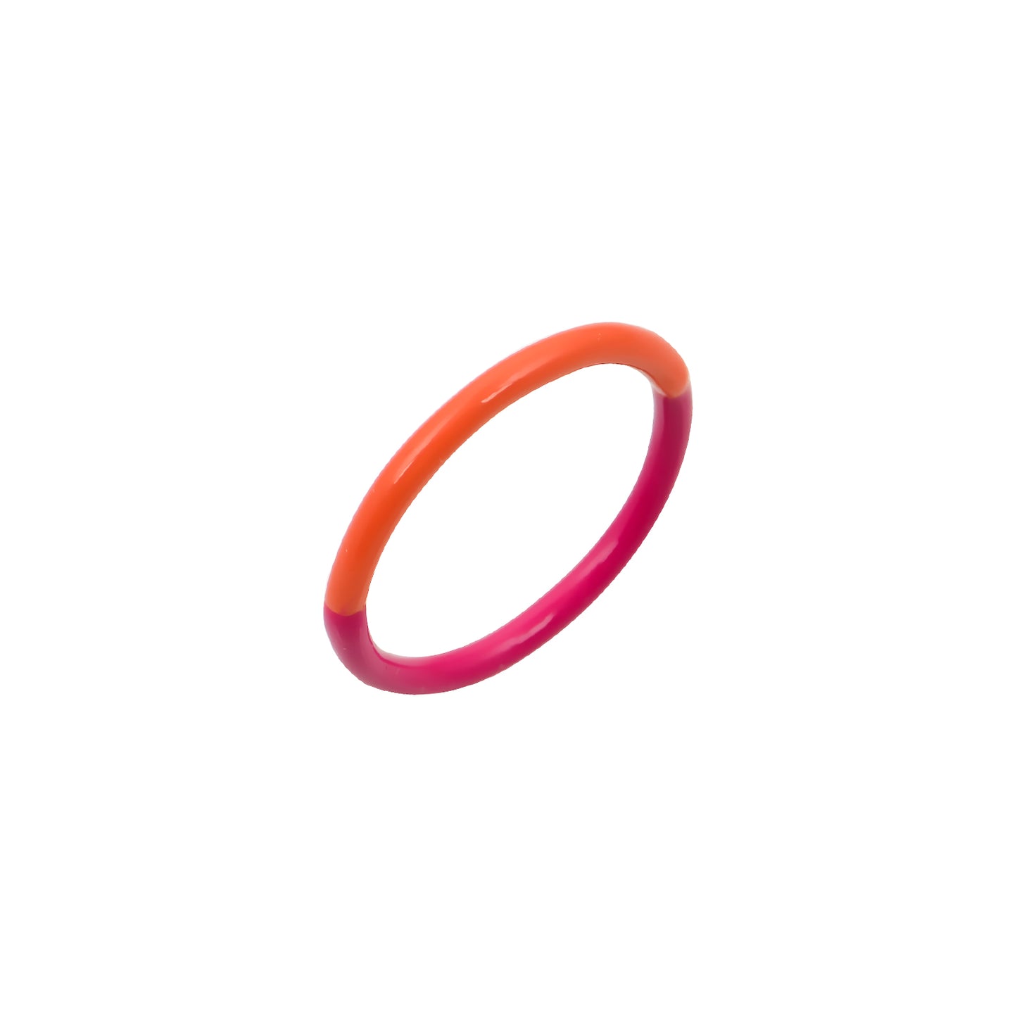 An orange and cherry colored band enamel ring on a white background.