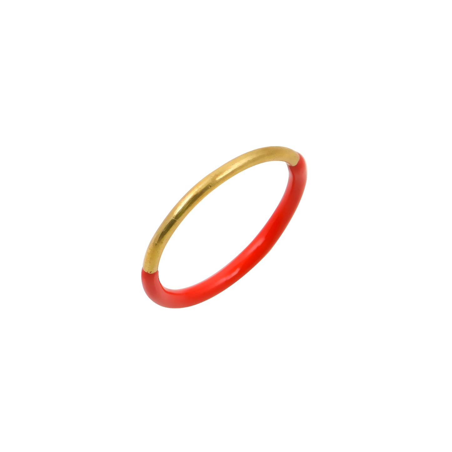 A red enamel and gold-colored metal ring with a smooth, solid pattern.