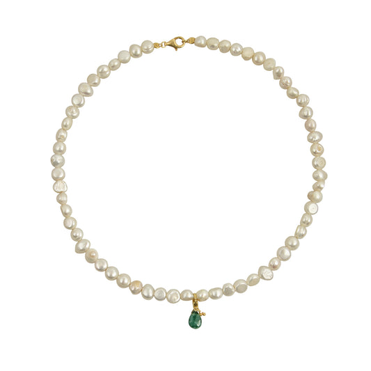 Pearl Necklace with Green Drop Charm