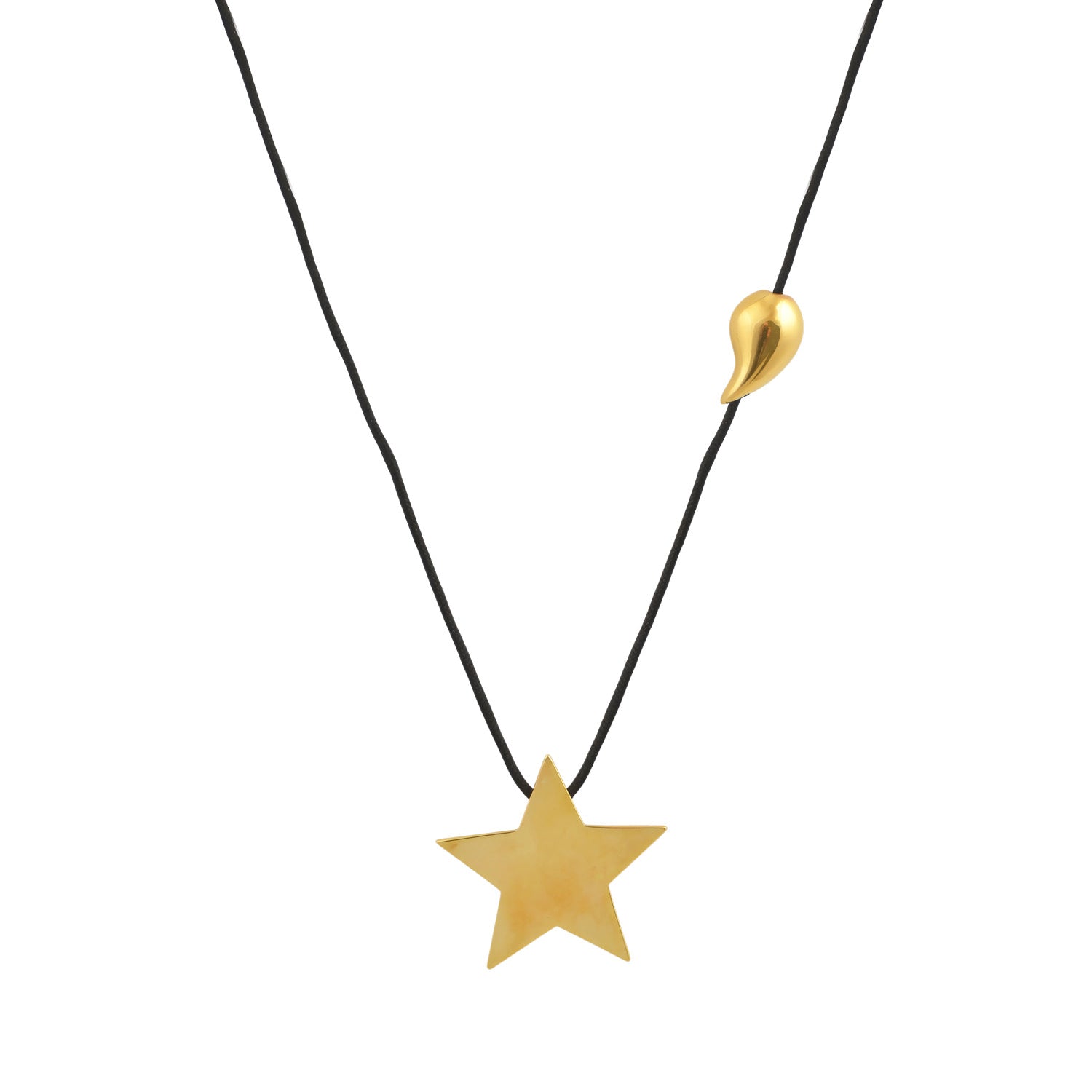 Handmade bronze star pendant necklace on black cord with sliding teardrop bead closure, white background